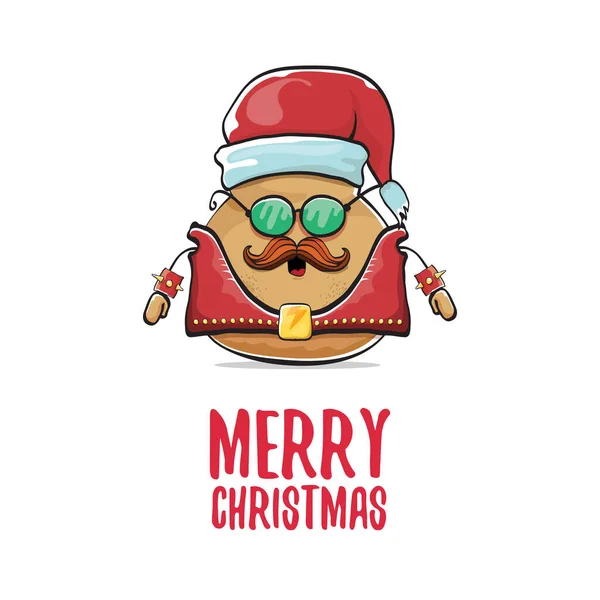 Vector rock star santa potato funny cartoon cute character with with red santa hat and calligraphic merry christmas text isolated on white background. rock n roll christmas party poster — Stock Vector