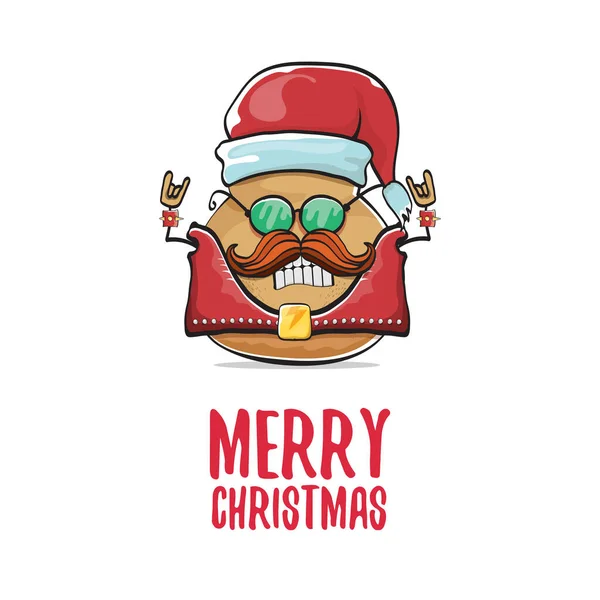赤いサンタの帽子と白い背景に隔離された書道メリークリスマステキストとベクトルロックスターサンタポテト面白い漫画かわいいキャラクター。ロックnロールクリスマスパーティーポスター — ストックベクタ