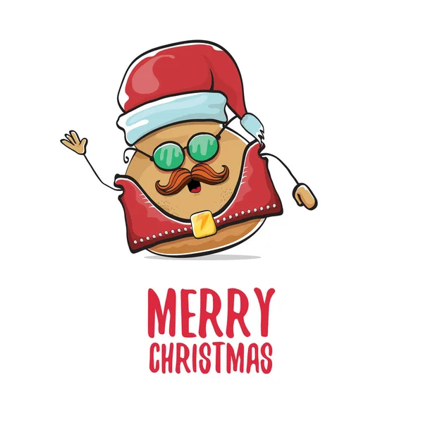 Vector estrella de rock santa patata divertido personaje lindo de dibujos animados con sombrero de santa rojo y caligrafía feliz texto de Navidad aislado sobre fondo blanco. rock n roll cartel de la fiesta de Navidad — Vector de stock