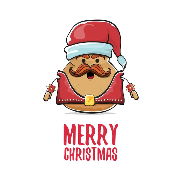 Vektor Rockstar Santa Potato lustige Cartoon niedliche Figur mit rotem Weihnachtsmann Hut und kalligrafische frohe Weihnachten Text isoliert auf weißem Hintergrund. Rock n Roll Weihnachtsfeier Poster — Stockvektor