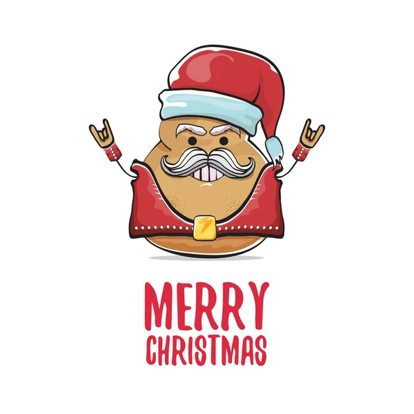 Vector rock star santa potato funny cartoon cute character with with red santa hat and calligraphic merry christmas text isolated on white background. rock n roll christmas party poster — Stock Vector