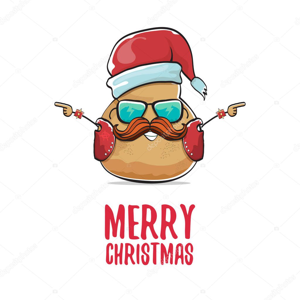 vector rock star santa potato funny cartoon cute character with with red santa hat and calligraphic merry christmas text isolated on white background. rock n roll christmas party poster