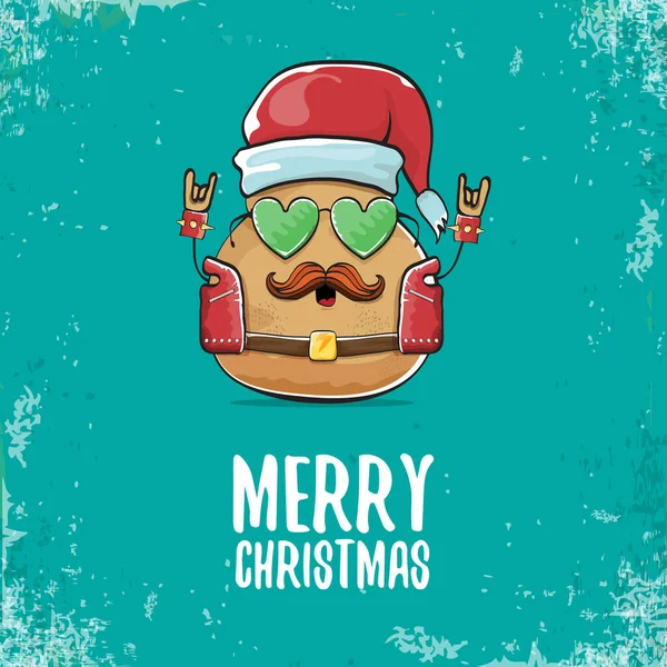 Vektor Rockstar Santa Potato lustige Cartoon niedliche Figur mit rotem Weihnachtsmann Hut und kalligrafische frohe Weihnachten Text isoliert auf azurblauem Hintergrund. Rock n Roll Weihnachtsfeier Poster — Stockvektor