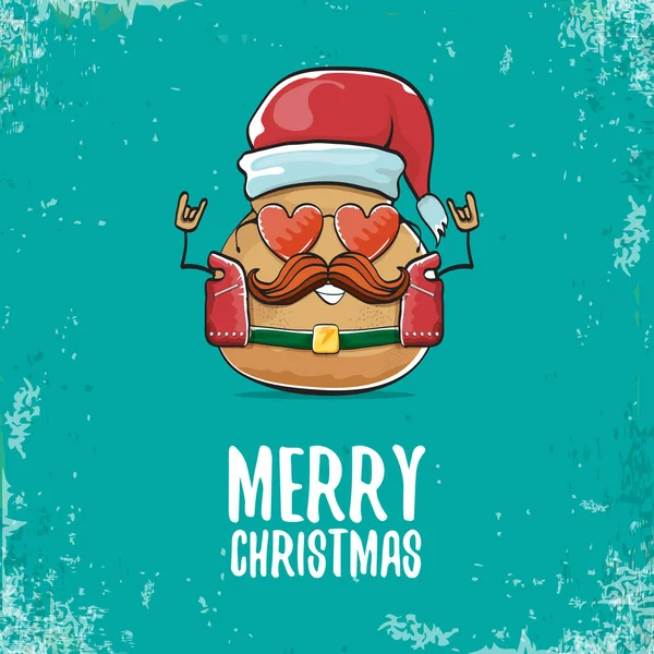 Vector rock ster santa aardappel grappige cartoon schattig karakter met rode santa hoed en kalligrafische vrolijke kerst tekst geïsoleerd op azuurblauwe achtergrond. rock n roll kerst feest poster — Stockvector