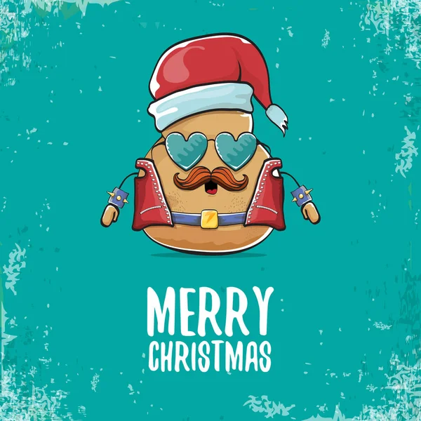 Vettore rock star santa patata divertente personaggio carino cartone animato con con cappello rosso di Babbo Natale e calligrafico testo allegro Natale isolato su sfondo azzurro. poster della festa di Natale rock n roll — Vettoriale Stock