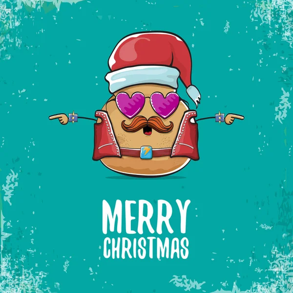 Vektor Rockstar Santa Potato lustige Cartoon niedliche Figur mit rotem Weihnachtsmann Hut und kalligrafische frohe Weihnachten Text isoliert auf azurblauem Hintergrund. Rock n Roll Weihnachtsfeier Poster — Stockvektor