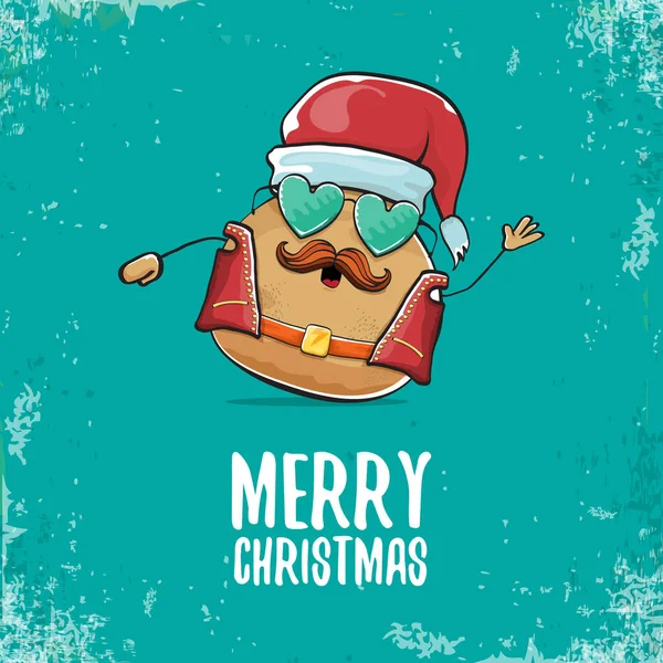 Vektor rocková hvězda Santa Brambor legrační karikatura roztomilá postava s červenou Santa klobouk a kaligrafie Veselé Vánoce text izolovaný na azurovém pozadí. rock n roll vánoční večírek plakát — Stockový vektor
