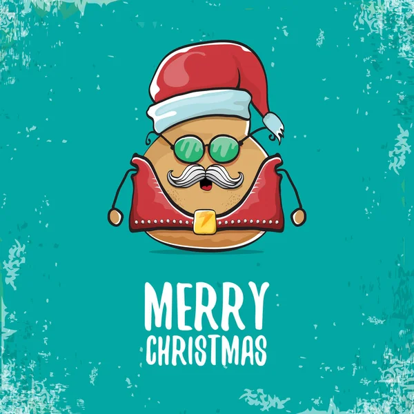 矢量摇滚明星桑塔土豆滑稽漫画可爱的人物与红色桑塔帽子和书法作品欢乐圣诞文字分离蓝色背景。摇滚，摇滚，圣诞派对海报 — 图库矢量图片