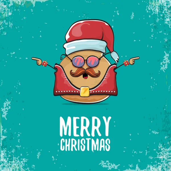 Vector estrella de rock santa patata divertido personaje lindo de dibujos animados con sombrero de santa rojo y caligrafía feliz texto de Navidad aislado sobre fondo azul. rock n roll cartel de la fiesta de Navidad — Archivo Imágenes Vectoriales