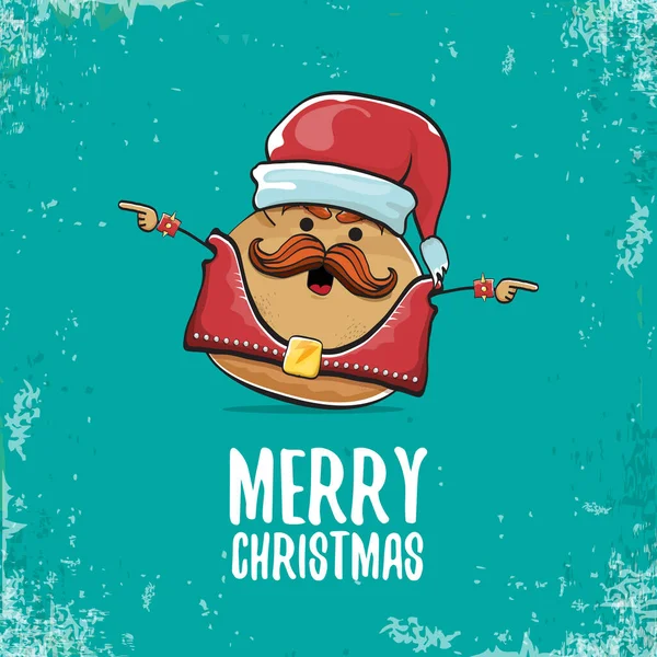 Vektor rocková hvězda Santa Brambor legrační karikatura roztomilá postava s červenou Santa klobouk a kaligrafie Veselé Vánoce text izolovaný na azurovém pozadí. rock n roll vánoční večírek plakát — Stockový vektor