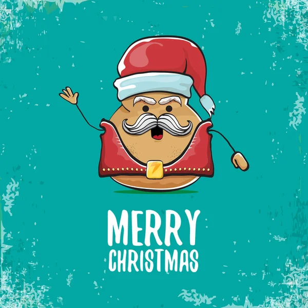 矢量摇滚明星桑塔土豆滑稽漫画可爱的人物与红色桑塔帽子和书法作品欢乐圣诞文字分离蓝色背景。摇滚，摇滚，圣诞派对海报 — 图库矢量图片