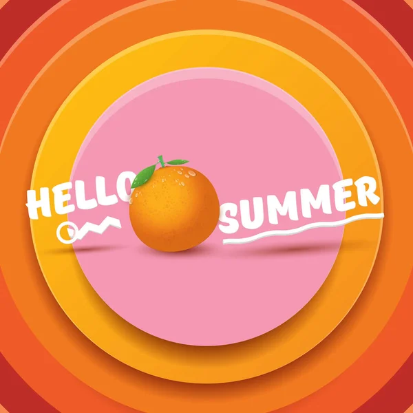 Вектор Hello Summer шаблон дизайна этикетки или флаера со свежими фруктами апельсина изолированы на абстрактном фоне. Этикетка или плакат Hello summer с фруктами и текстом — стоковый вектор