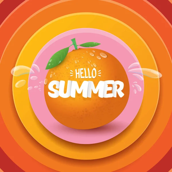 Вектор Hello Summer шаблон дизайна этикетки или флаера со свежими фруктами апельсина изолированы на абстрактном фоне. Этикетка или плакат Hello summer с фруктами и текстом — стоковый вектор