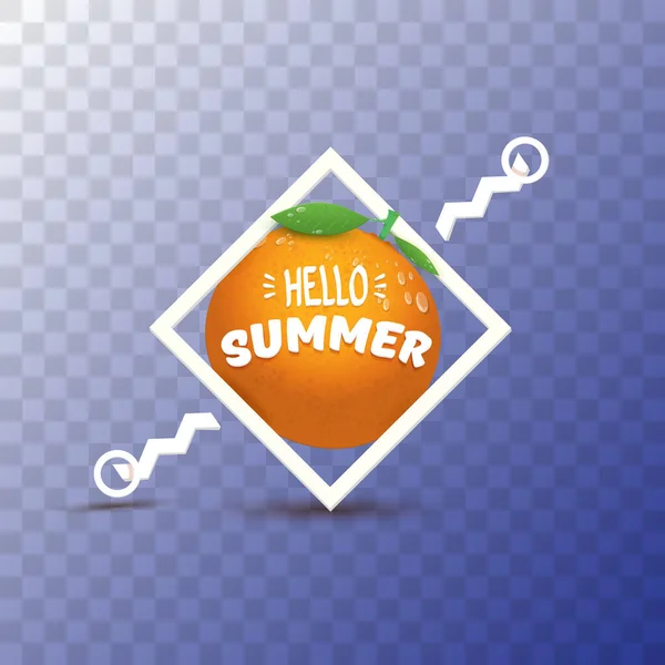 Ярлык или флаер вечеринки Vector Hello Summer Design искушает свежими апельсиновыми фруктами, прозрачными на заднем плане. Этикетка или плакат Hello summer с фруктами и текстом — стоковый вектор