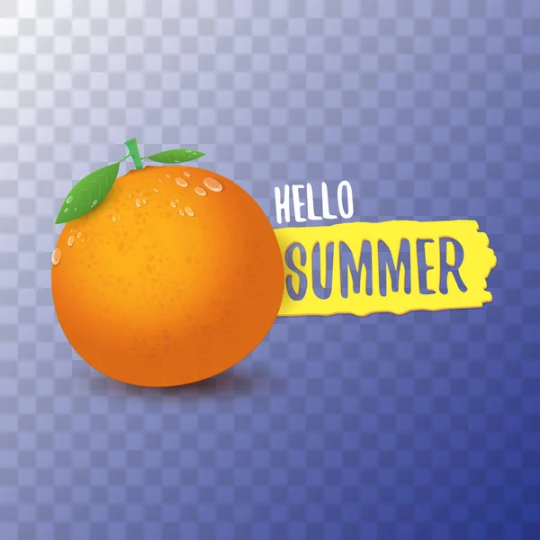 Ярлык или флаер вечеринки Vector Hello Summer Design искушает свежими апельсиновыми фруктами, прозрачными на заднем плане. Этикетка или плакат Hello summer с фруктами и текстом — стоковый вектор
