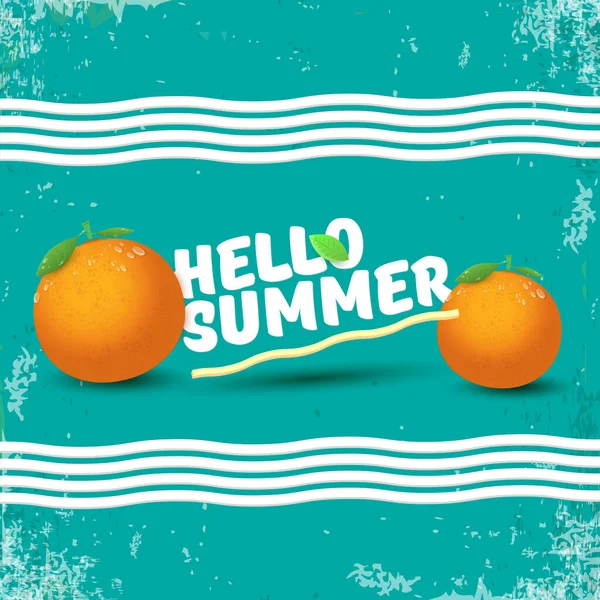 Vector Hello Summer party label of flyer Design sjabloon met vers oranje fruit op azuurblauwe achtergrond. Hallo zomer concept label of poster met fruit en letternig tekst — Stockvector