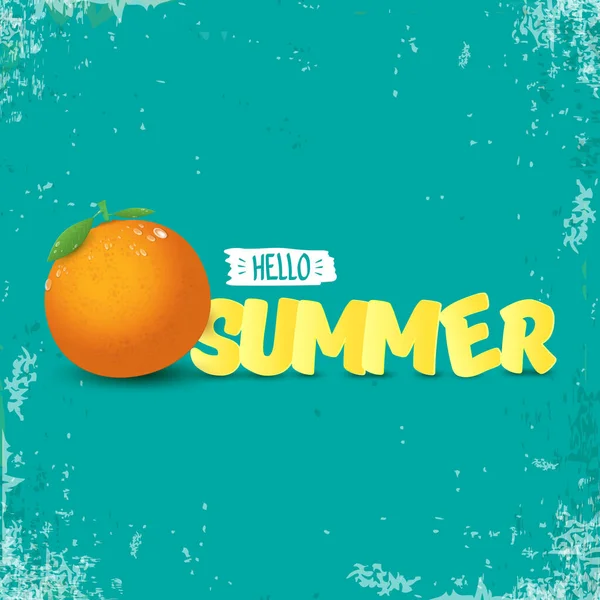 Vector Hello Summer Etiqueta de fiesta o folleto Plantilla de diseño con fruta naranja fresca sobre fondo azul. Hola etiqueta concepto de verano o cartel con texto de frutas y letras — Vector de stock