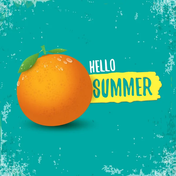 Vector Hello Letní party label nebo leták Design šablona s čerstvým pomerančovým ovocem na azurovém pozadí. Hello summer concept label or poster with fruit and letternig text — Stockový vektor