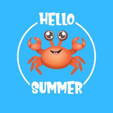 Merhaba yaz poster tasarım şablonu mavi arka planda izole edilmiş kırmızı yengeç karakteri. Yaz plajı parti tasarım şablonu