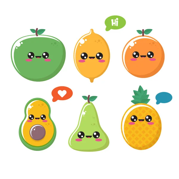 Été kawaii caractère fruit alimentaire mis isolé sur fond blanc. Vecteur souriant pomme, citron, orange, ananas, poire et avocat personnages de bande dessinée collection . — Image vectorielle