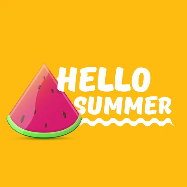 Vector Hello Summer Beach Party Flyer Modelo de design com fatia de melancia fresca isolada no fundo laranja. Olá verão conceito rótulo ou cartaz com frutas e texto tipográfico —  Vetores de Stock