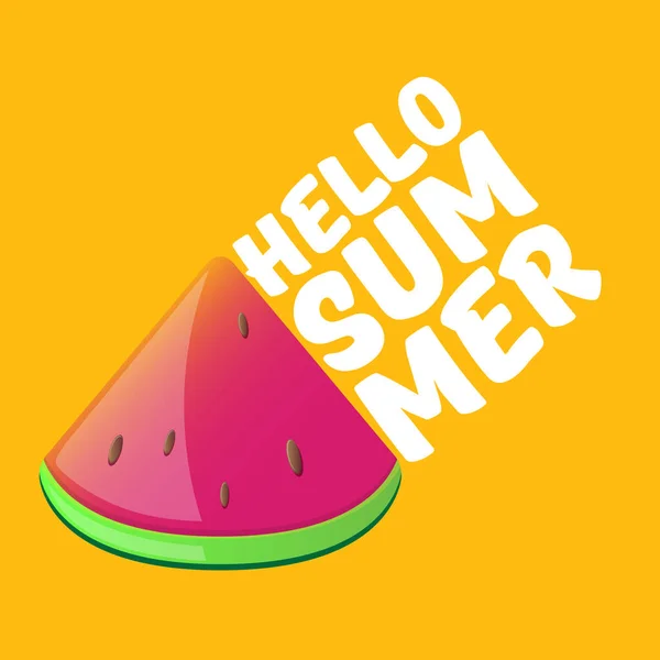 Διάνυσμα Hello Summer Beach Party Flyer Σχεδιασμός πρότυπο με φρέσκο κομμάτι καρπουζιού απομονώνονται σε πορτοκαλί φόντο. Γεια σας καλοκαιρινή ετικέτα έννοια ή αφίσα με φρούτα και τυπογραφικό κείμενο — Διανυσματικό Αρχείο