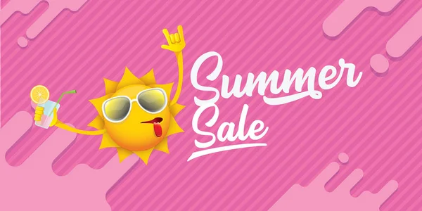 Summer sale horizontal web banner or vector label with summer happy sun character wearing sunglasses and holding cocktail isolated on pink horizontal background — Stock Vector