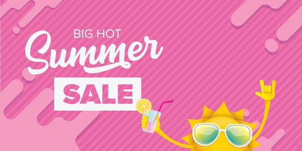 stock vector summer sale horizontal web banner or vector label with summer happy sun character wearing sunglasses and holding cocktail isolated on pink horizontal background