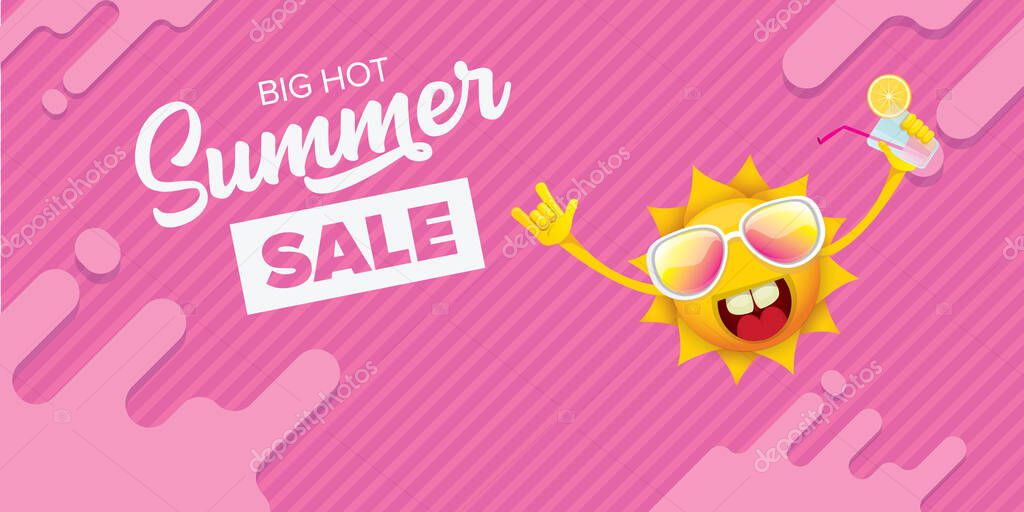 Summer sale horizontal banner or vector label with summer happy sun character wearing sunglasses and holding cocktail isolated on pink horizontal background