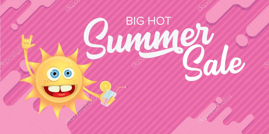 Summer sale horizontal banner or vector label with summer happy sun character wearing sunglasses and holding cocktail isolated on pink horizontal background