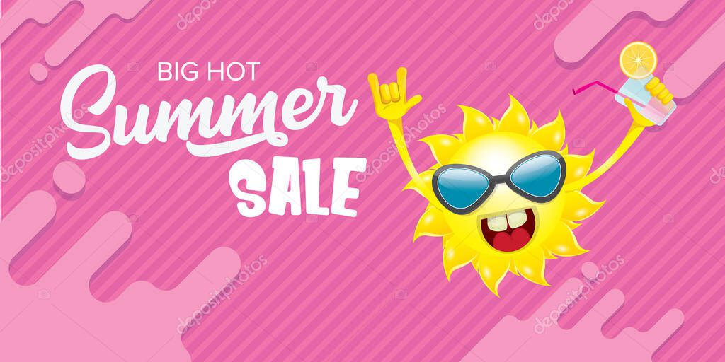 Summer sale horizontal banner or vector label with summer happy sun character wearing sunglasses and holding cocktail isolated on pink horizontal background