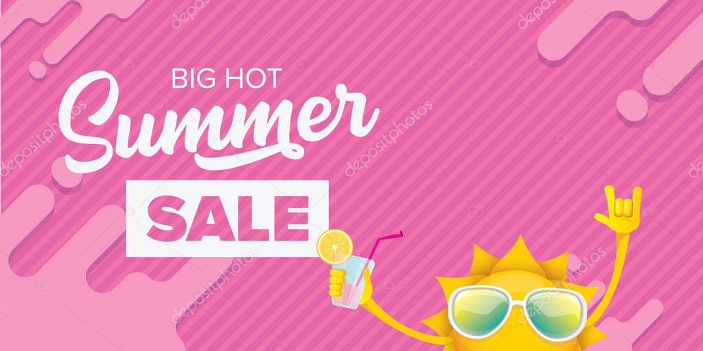 Summer sale horizontal banner or vector label with summer happy sun character wearing sunglasses and holding cocktail isolated on pink horizontal background