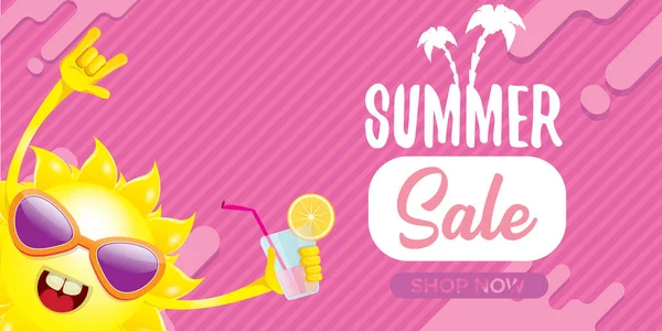夏季销售水平网页横幅或矢量标签与夏天快乐的阳光人物戴着太阳镜，手持鸡尾酒隔离在粉红色的水平背景 — 图库矢量图片
