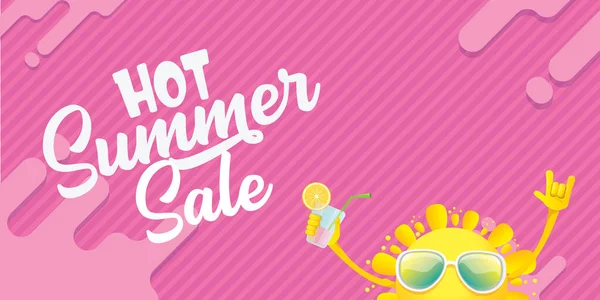 Summer sale horizontal web banner or vector label with summer happy sun character wearing sunglasses and holding cocktail isolated on pink horizontal background — Stock Vector