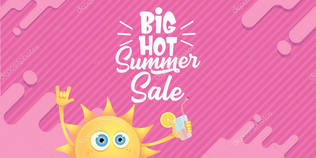 Summer sale horizontal banner or vector label with summer happy sun character wearing sunglasses and holding cocktail isolated on pink horizontal background