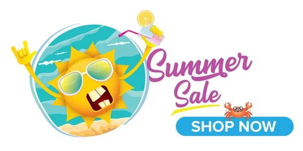 Summer sale horizontal web banner or vector label with summer happy sun character holding cocktail — Stock Vector