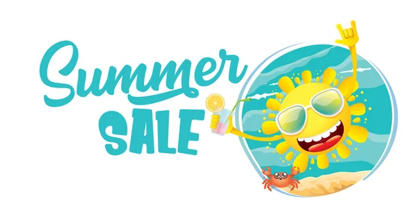 夏販売水平ウェブバナーやベクトルラベル夏の幸せな太陽の文字を保持カクテル — ストックベクタ