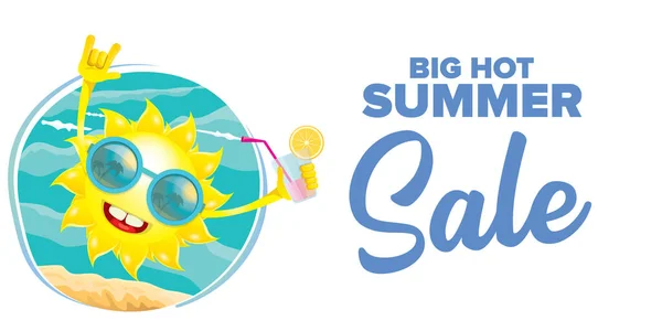 Letní prodej horizontální web banner nebo vektorový štítek s letní šťastný slunce znak drží koktejl — Stockový vektor
