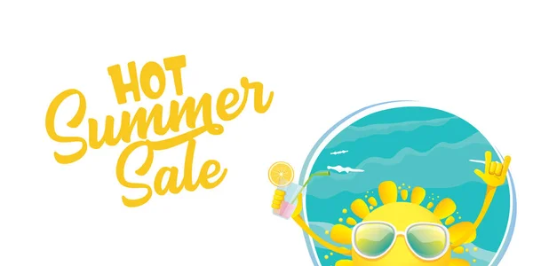 Letnia sprzedaż pozioma web banner lub etykieta wektorowa z letnim szczęśliwym charakterem słońca trzymając koktajl — Wektor stockowy