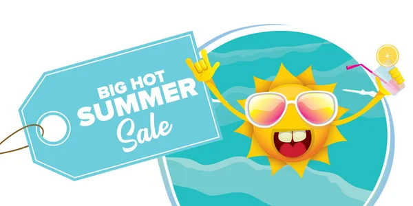 Bannière web horizontale de vente d'été ou étiquette vectorielle avec le caractère heureux soleil d'été tenant cocktail — Image vectorielle