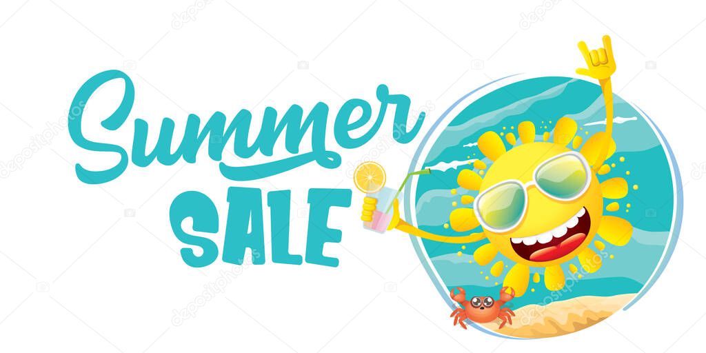Summer sale horizontal banner with summer happy sun character wearing sunglasses and holding cocktail