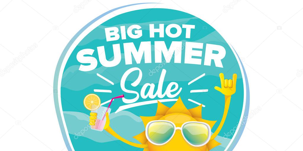 Summer sale horizontal banner with summer happy sun character wearing sunglasses and holding cocktail