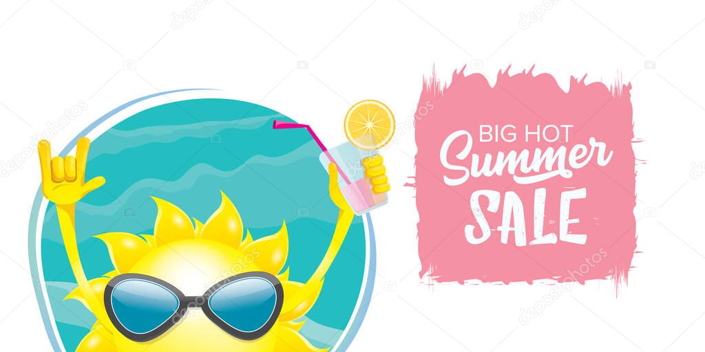 Summer sale horizontal banner with summer happy sun character wearing sunglasses and holding cocktail