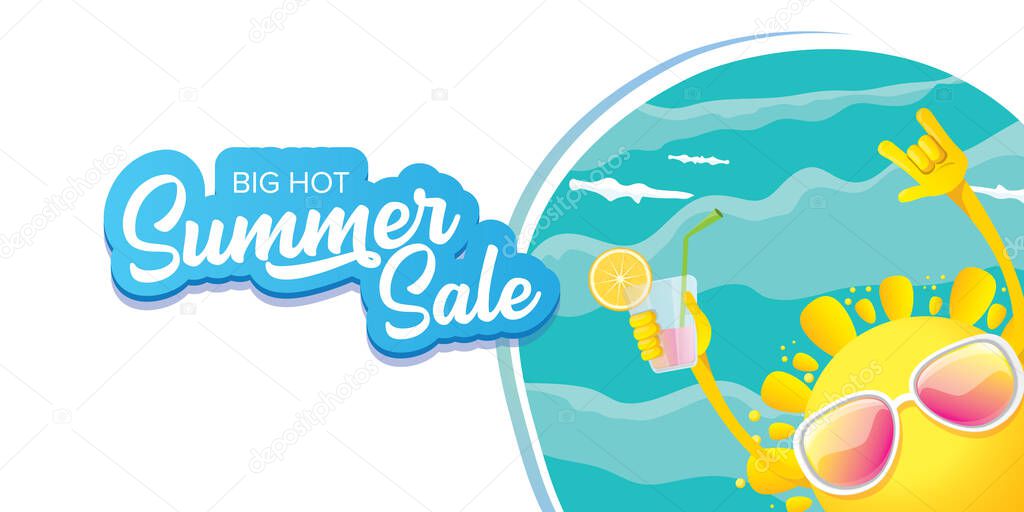 Summer sale horizontal banner with summer happy sun character wearing sunglasses and holding cocktail