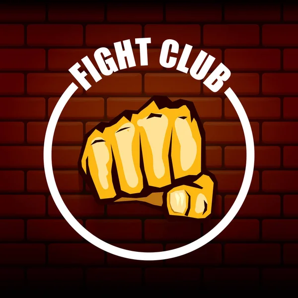 fight club vector logo with orange man fist isolated on brick wall background. MMA Mixed martial arts concept design template