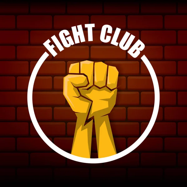 Vektorové logo klubu rváčů s oranžovou pěstí izolovanou na pozadí cihlové zdi. MMA Smíšené bojové umění koncepce design šablony — Stockový vektor