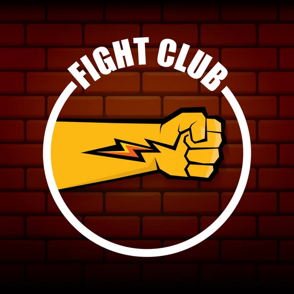 Lucha club vector logo con puño naranja hombre aislado en el fondo de la pared de ladrillo. Plantilla de diseño de concepto de artes marciales mixtas MMA — Vector de stock