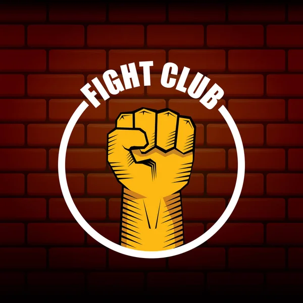 Fight club vector logo with orange man fist isolated on brick wall background. MMA Mixed martial arts concept design template — Stock Vector