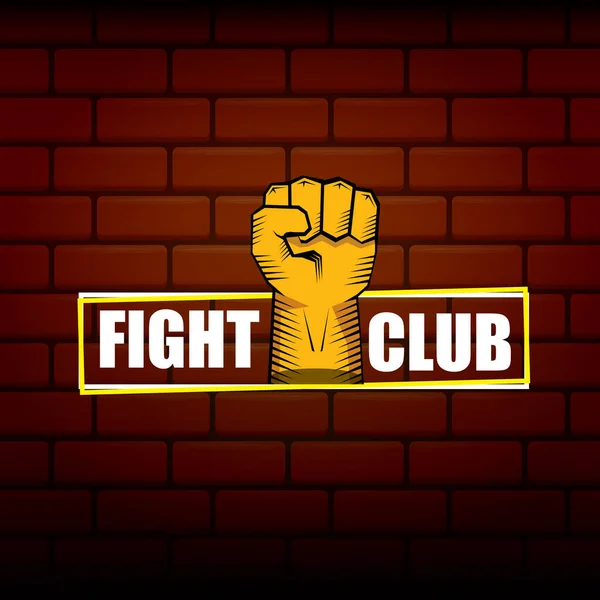 Vektorové logo klubu rváčů s oranžovou pěstí izolovanou na pozadí cihlové zdi. MMA Smíšené bojové umění koncepce design šablony — Stockový vektor