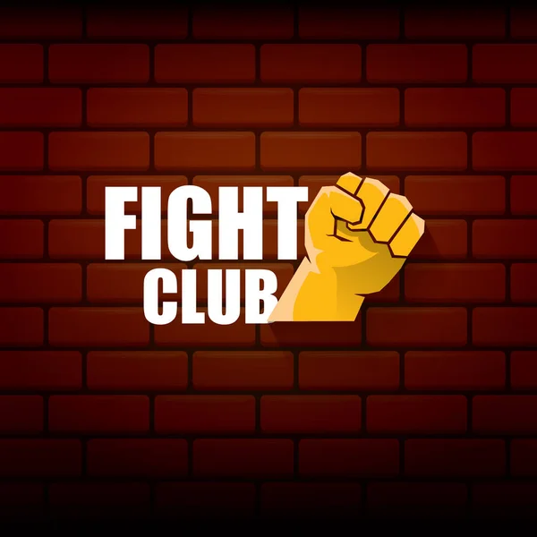 fight club vector logo with orange man fist isolated on brick wall background. MMA Mixed martial arts concept design template